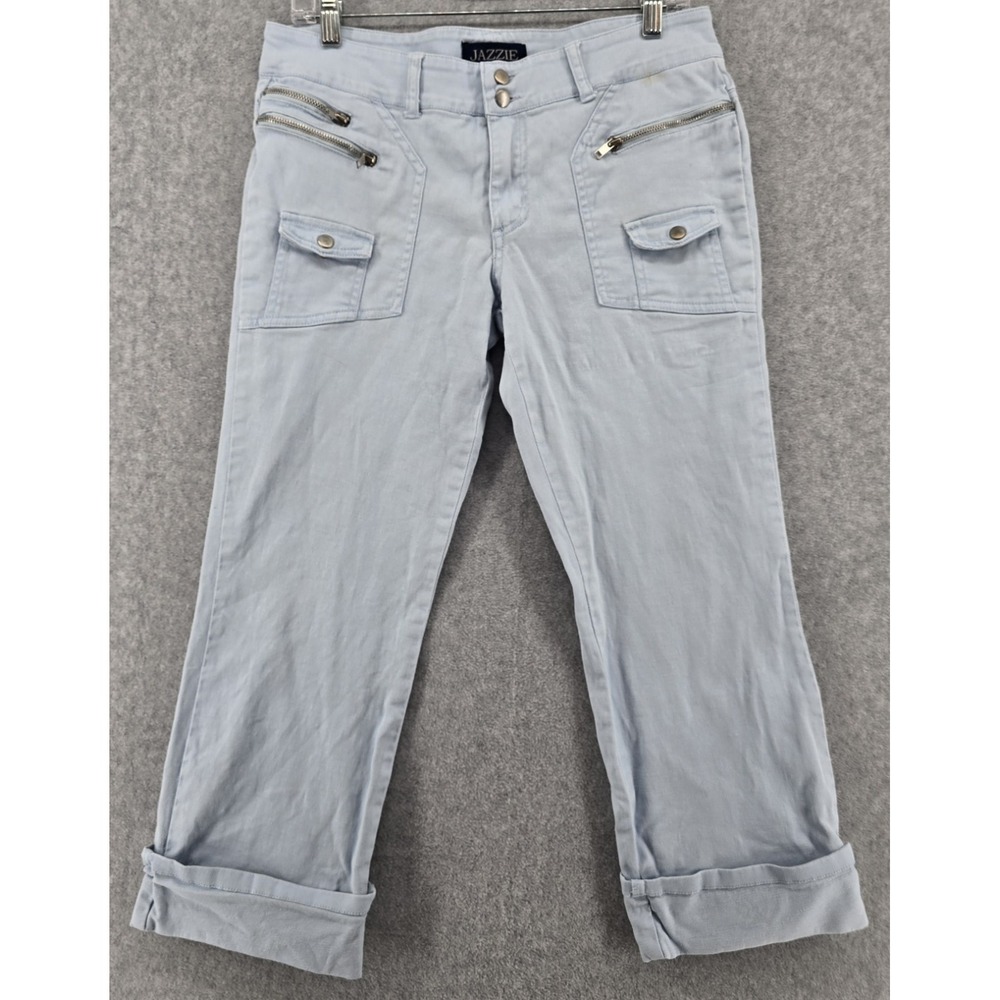 Vtg Y2K Jazzie Denim Capri Pants Sz M Ice Blue Low Rise Zip Pockets Utility